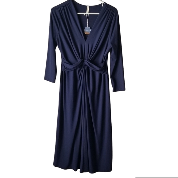 NWT PinkBlush Maternity Navy Blue Flowy Twist Front 3/4 Sleeve Dress Size M - Picture 1 of 11